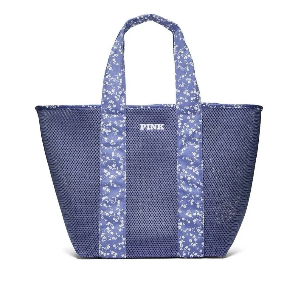 PINK by Victoria's Secret Large Blue Mesh Tote Pool Beach Bag In Blue Floral NWT